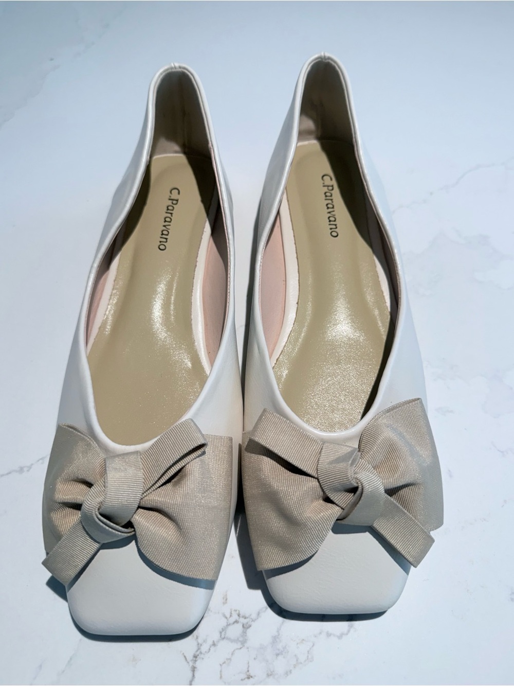 C.Paravano Eva Cream Square Toe Bow Ballerina Ballet Flats Size 37 Never Worn